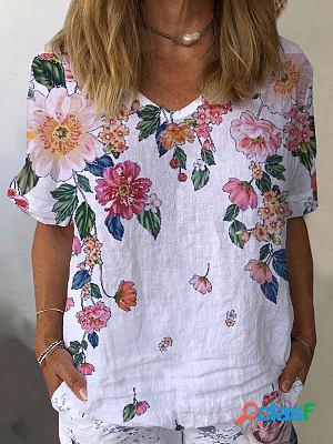 Round Neck Floral Print Casual Loose Short Sleeve Blouse