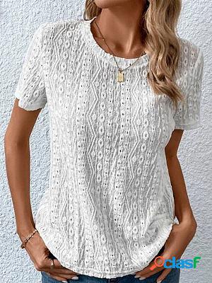 Round Neck Loose Casual Solid Color Hollow Short-sleeved