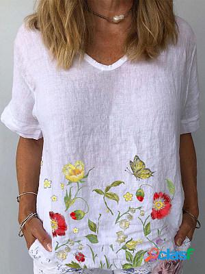 Round Neck Short Sleeves Printed Blouse