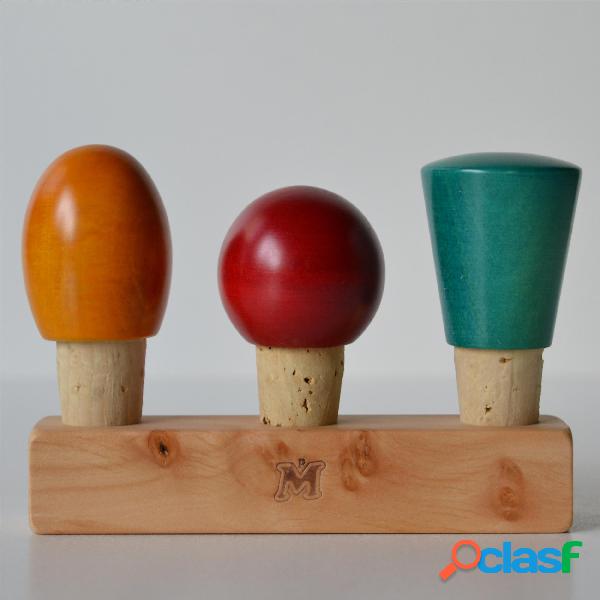 SET di 3 tappi in legno e sughero per bottiglie in vetro, in