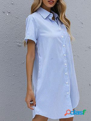 Shirt Dress Short Sleeve Lapel Stripe Commuter Shift Dresses