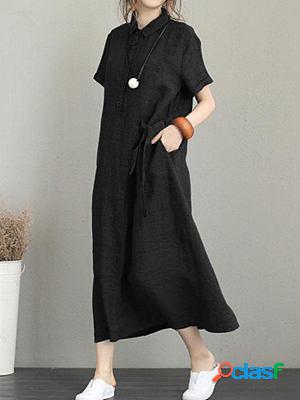 Short Sleeve Loose Pocket Solid Color Cotton Linen Lapel