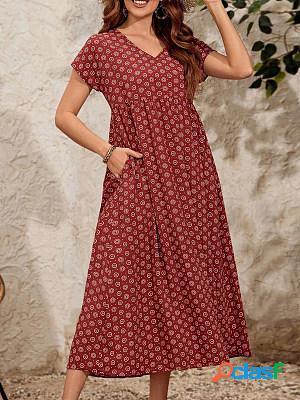 Short Sleeves Pockets Printed V Neck Maxi Dress