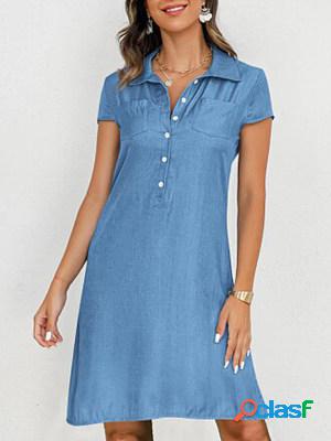 Short Sleeves Shirt Collar Solid Casual Midi Dress