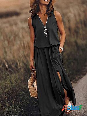 Sleeveless Casual Waist Zip Letter Print Maxi Dresses