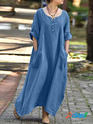 Solid 3/4 Sleeve Round Neck Maxi Dress