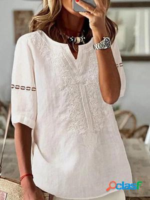 Solid V Neck Half Sleeves Short Sleeve Lace Patch Blouses