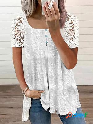 Square Collar Casual Solid Color Lace Stitching