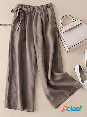 Tie Linen Solid High Waist Pants