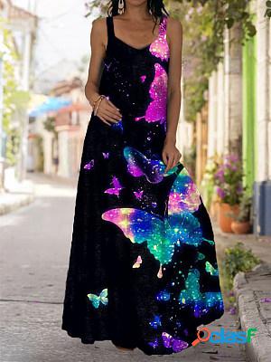 Tie-dye Printed Suspender Casual And Floor-length Dress