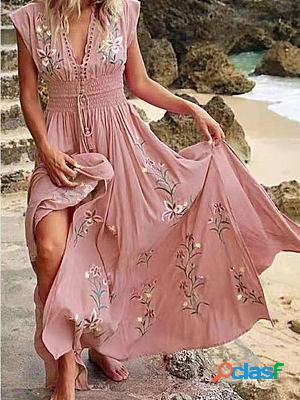 V Neck French Beach Boho Print Maxi Dresses