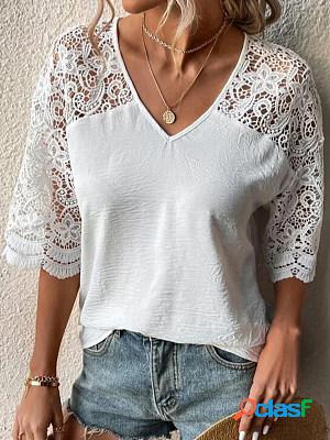 V Neck Lace Paneled Half Sleeves T-shirt