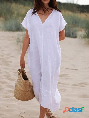 V Neck Short Sleeves Cotton Linen Maxi Dress