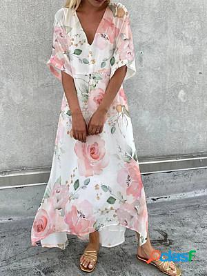 V Neck Short Sleeves Printed Maxi Dress