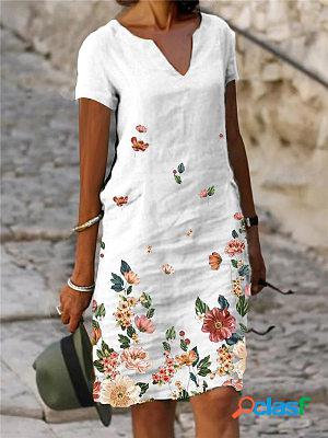 V-neck Casual Loose Floral Print Holiday Short Sleeve Short