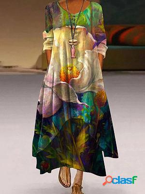 V-neck Casual Loose Floral Print Long Sleeve Maxi Dress