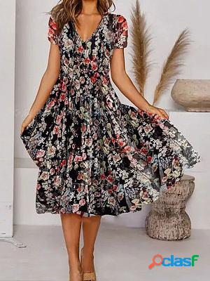 V-neck Casual Loose Floral Print Resort Short Sleeve Midi