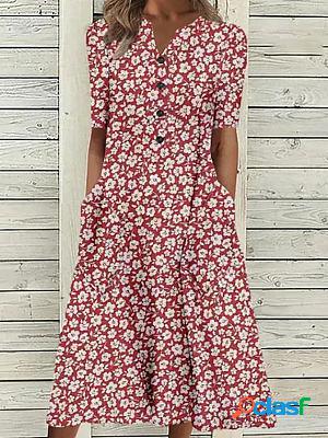 V-neck Casual Loose Floral Print Short Sleeve Midi Dress