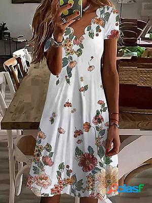 V-neck Casual Loose Floral Print Short Sleeve Short Dress