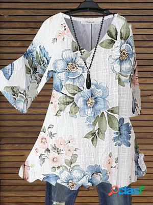 V-neck Casual Loose Floral Print Summer Short Sleeve Blouse