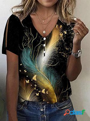 V-neck Casual Loose Golden Feather Print Short-sleeved