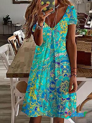 V-neck Casual Loose Printed Vacation Short Sleeve Short