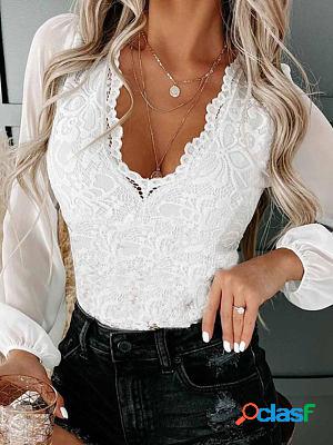 V-neck Elegant Lace Long sleeve T-shirts