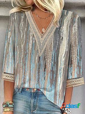 V-neck Hollow Loose Casual Printed Three Quarter Sleeve