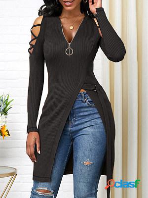 V-neck Long-sleeved Solid Color T-shirt