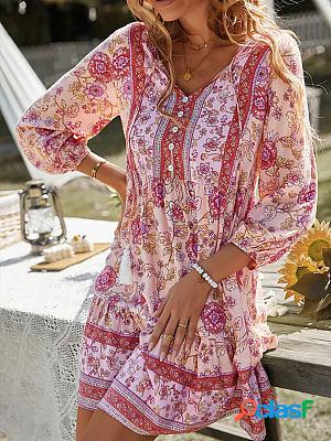 V-neck Loose Casual Floral Print Vacation Long Sleeve Short