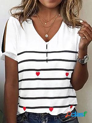 V-neck Loose Casual Heart Stripe Print Short-sleeved T-shirt