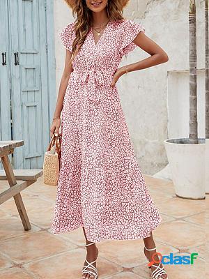 V-neck Oose Ruffle Tie Print Holiday Short Sleeve Maxi Dress