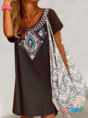 Vintage Print Round Neck Loose Shift Dresses