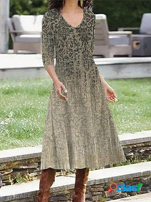 Vintage Print V-neck Long Sleeve Midi Dress