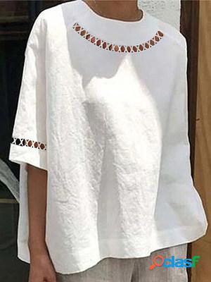 White Solid Lace Paneled Casual Blouse