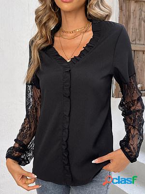 Women Lace Paneled Long Sleeves Solid Blouse