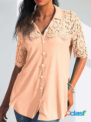 Women Short Sleeves Lace Paneled Shirt Collar Blouse